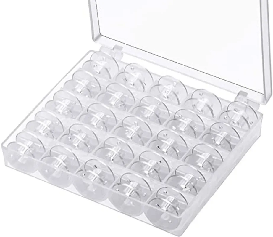 CAJA COMPLETA 25 BOBINAS ALTAS TRANSPARENTES PARA MÁQUINAS FAMILIARES