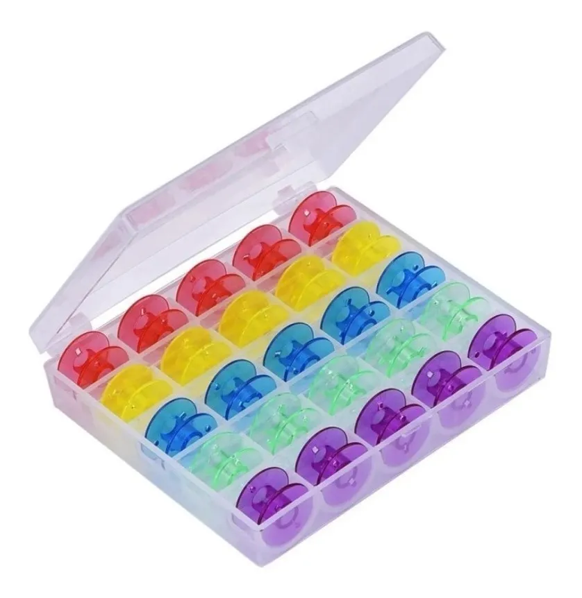 CAJA DE 25 BOBINAS ALTAS DE COLORES PARA MÁQUINAS FAMILIARES